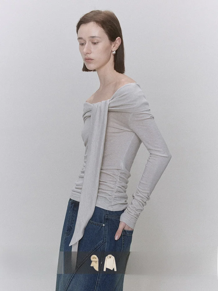 

ay Long Sve Шерстяной вязаный топ на одно плечо с поясом Повседневная весенняя женская футболка обычной длины Faion