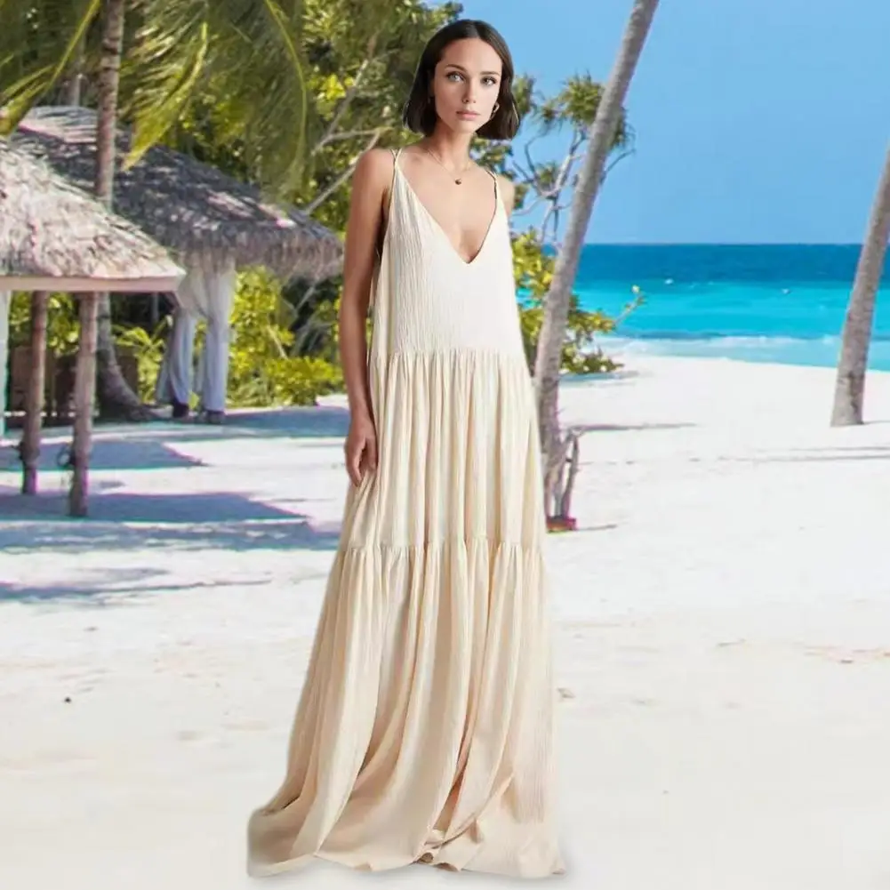 V-Hals Maxi Jurk Stijlvolle Resort Wear Maxi Jurk Met V-Hals Rugloos Ontwerp Voor Vrouwen Elegante Geplooide Vakantie Voor Het Strand Voor Een