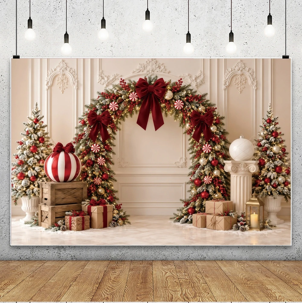 Christmas Arch Photography Backdrop Red Bow Candy Cane Xmas Tree Gift Box Background Family Kids Holiday Portrait Photo Studio D