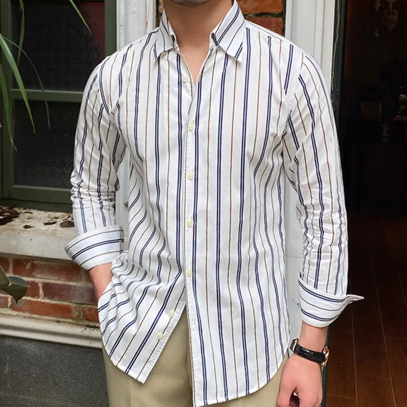 

Spring Shirt Men Lapel Long Sleeve Stripe Shirt Streetwear Camisa Social Masculina Business Fashion Contrast Stripe Shirt