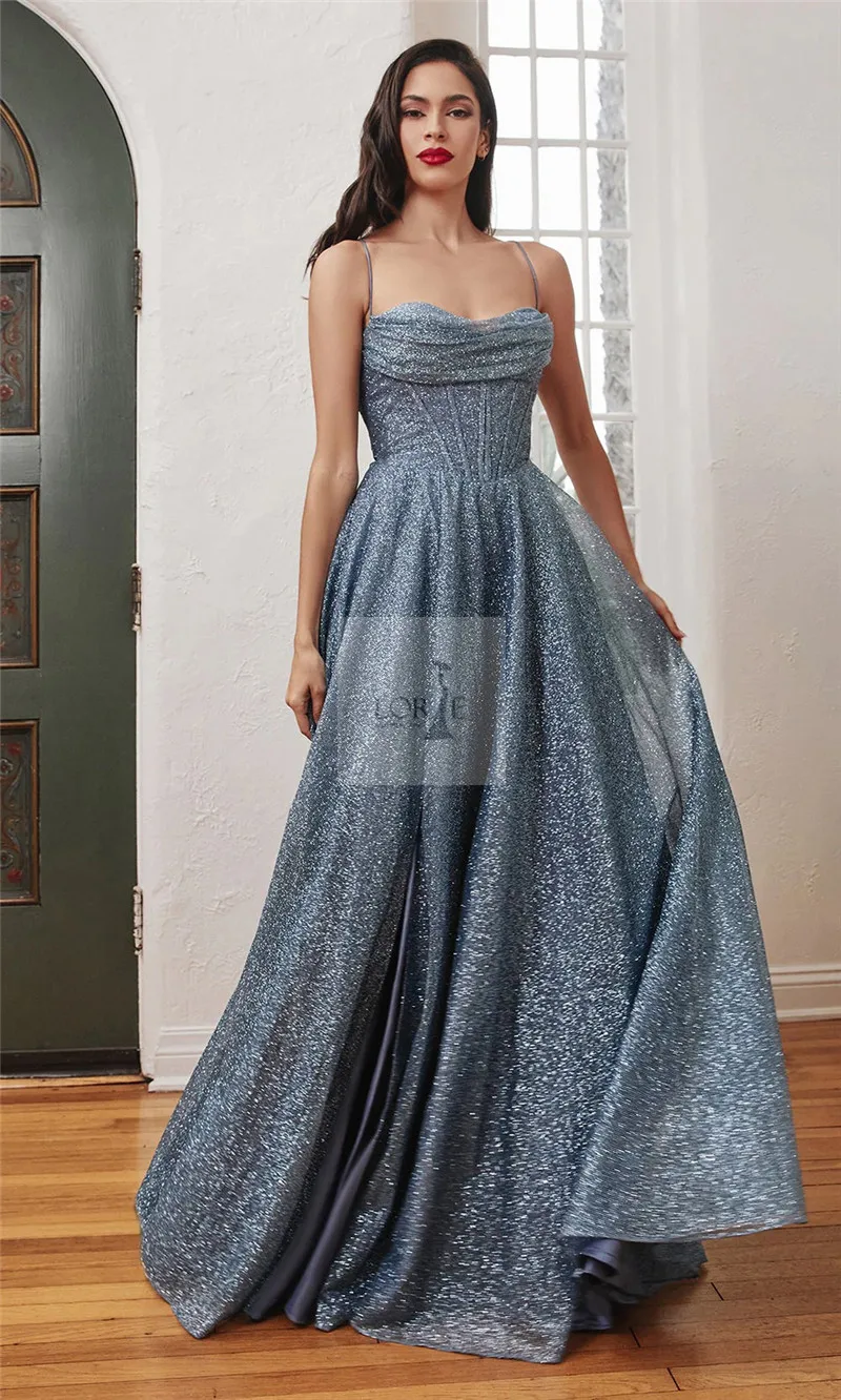 LORIE สีชมพูร้อนสปาเก็ตตี้ Mermaid Evening Dresses SHINY Glitter ด้านข้างแยกที่กําหนดเองพรหม Gowns Corset Evening Party Dress