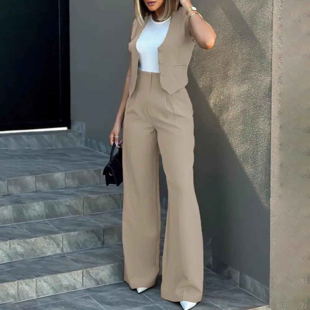 

Women Vest Baggy Pants Set Office Suit Vest High Waist Wide Leg Pants Solid Color Workwear Suit