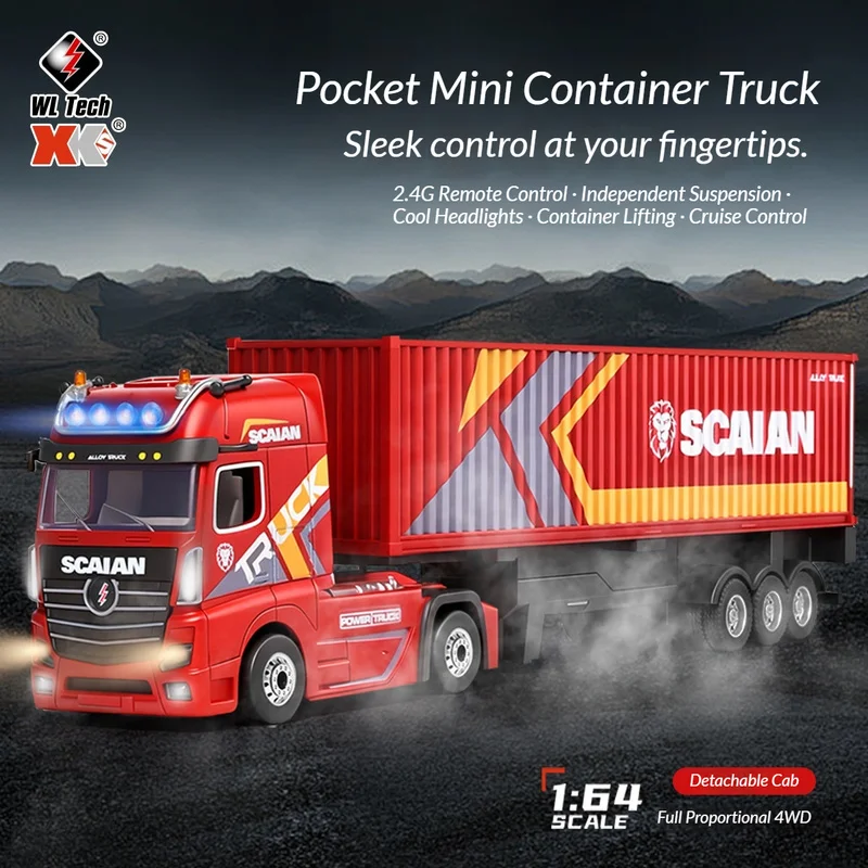 

Wltoys 1:64 RC Semi Truck 4WD Alloy Drift Container Trailer Full Proportional Remote Control Car Model Toy For Kids Boys Gift