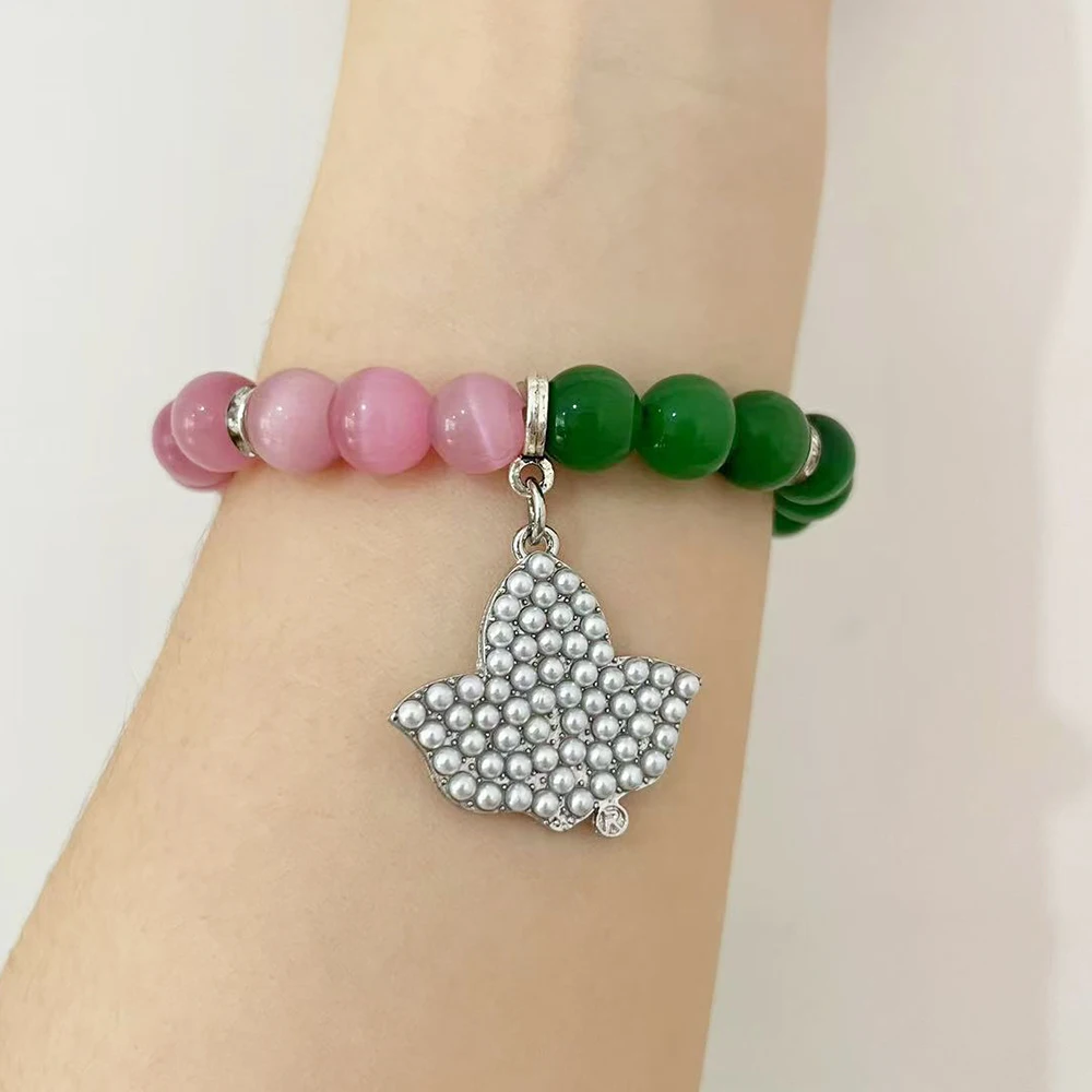 

Stretch Green Pink Cat's Eye Glass Beads Ivy Pendant Bracelet Women Gift