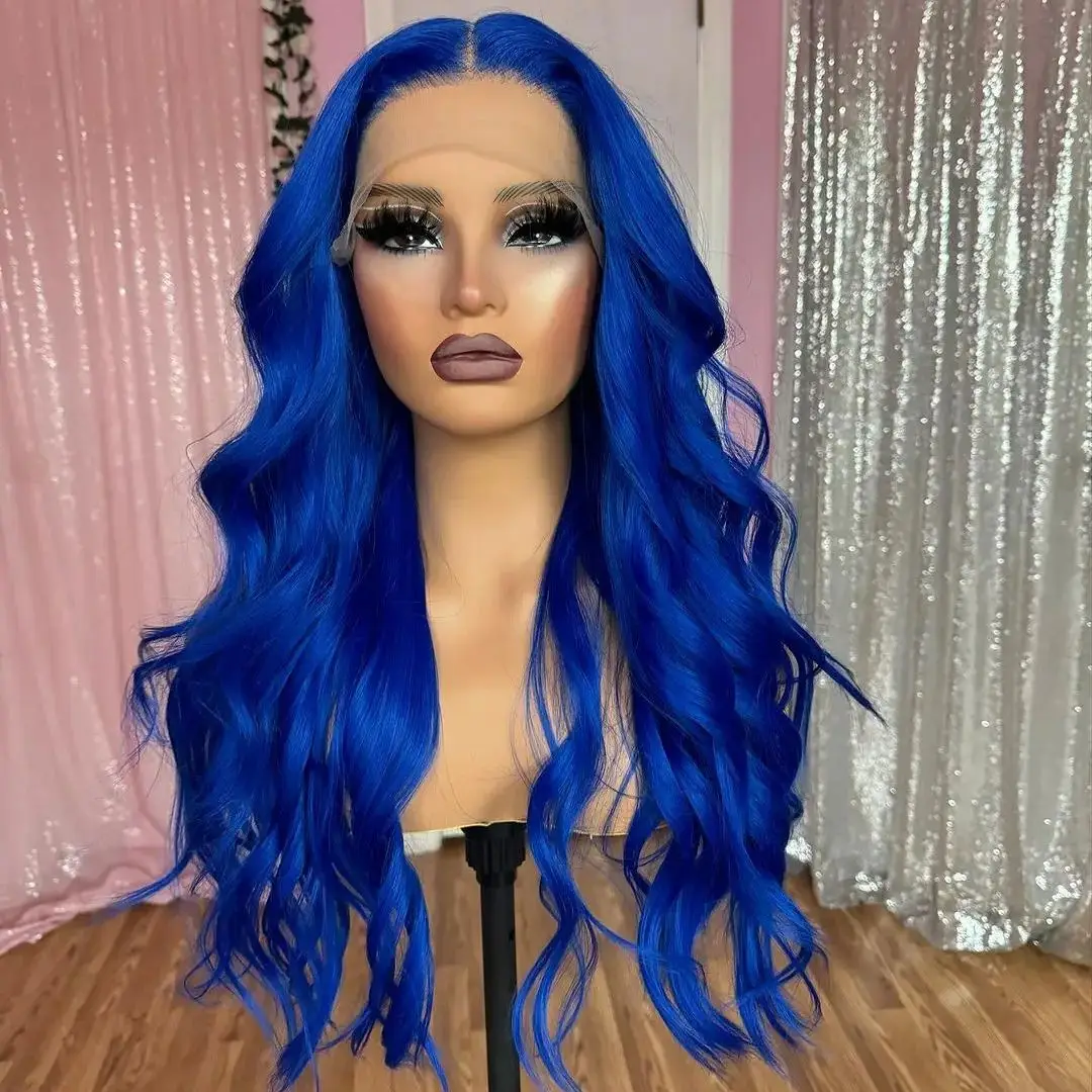 

Glueless Long Wavy Blue Blonde Synthetic Hair Transparent Lace Front Wigs Natural Look Soft Lolita Wigs with Baby Hair for Women