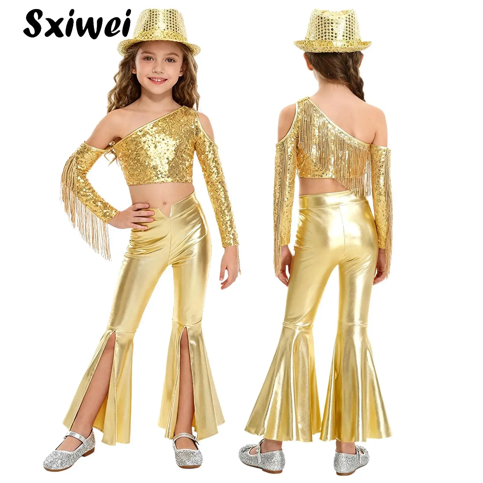

Girls Metallic 70S Disco Hippie Costume One Shoulder Sleeve Sequin Crop Top +Split Bell-Bottom Pants +Hat Jazz Dance Pageant Set