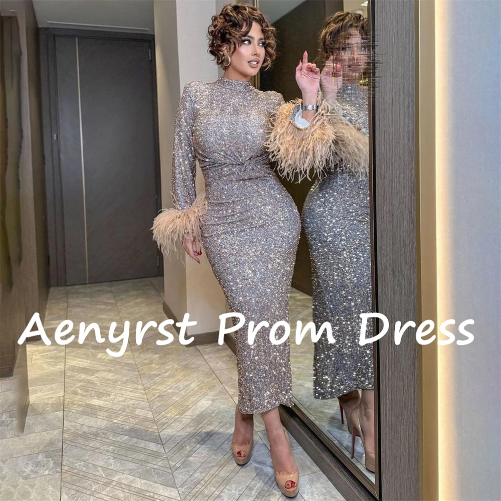 Aenyrst Shiny Sexy Long Sleeves Feathers customzied Evening Dresses Sequined Bodycon Prom Dress Tea Length Formal Party Gowns