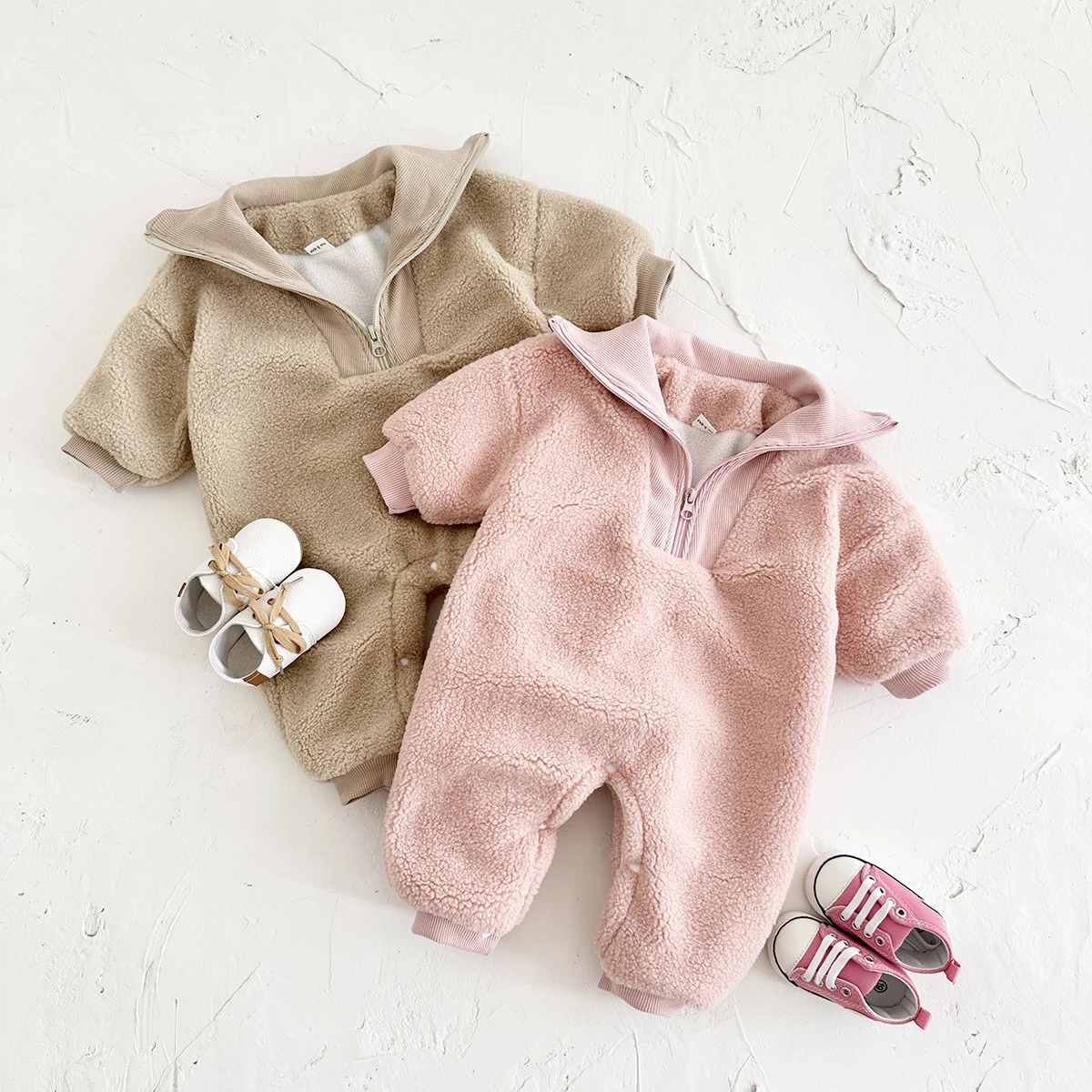 2024 Autumn Winter Baby Rompers Half Zipper Jumpsuits Toddler Clothes Woolen Fleece Boys Girls Outfit Loungewear Kids Clothes