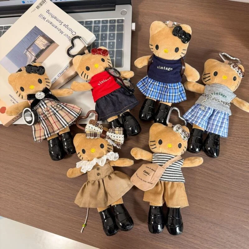 

Sanrio Cartoon Hello Kitty Black Skin Long Legs Series Ladies' Set Sweet Cool Style Fluffy Plush Stuffed Doll Keychain Girl Gift