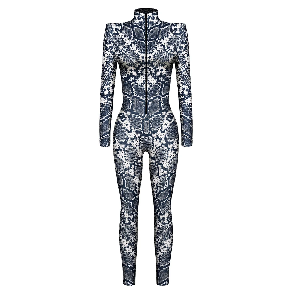 FCCEXIO Thriller Snake Skin Rompers 3D Print Cosplay Costume Sexy Jumpsuit Bodysuit Adult Carnival Halloween Party monos mujer