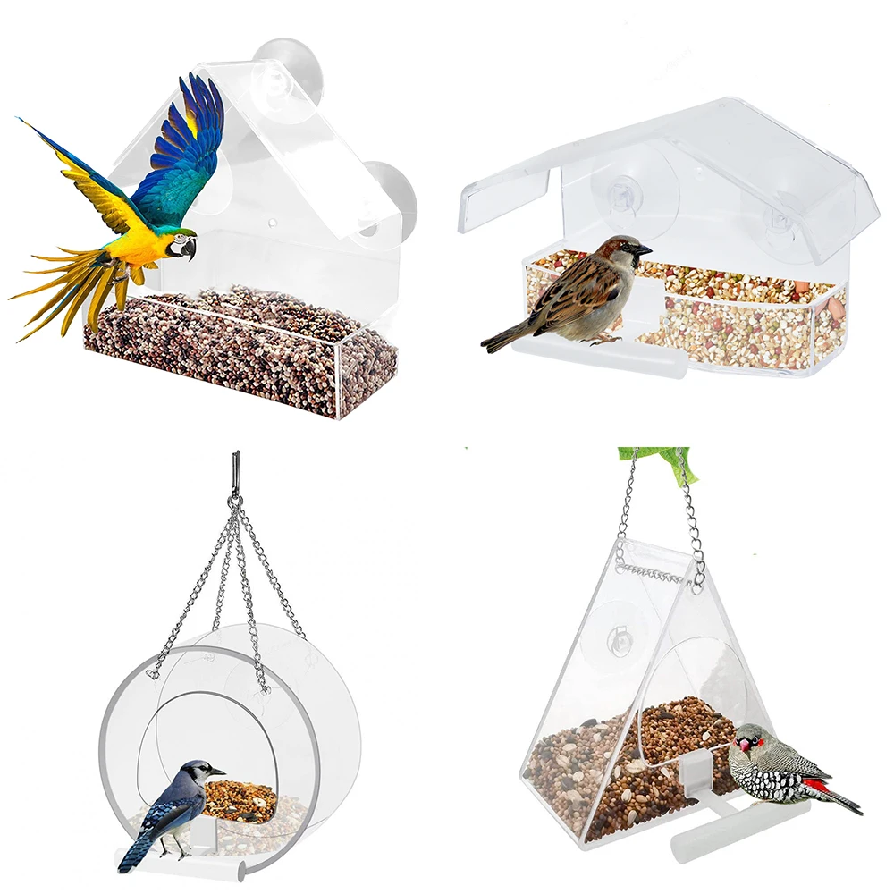 Bird Feeder With Suction Cup&Stand Hanging Acrylic Transparent House Feeding Cage For Home Window Glass Bird Food Container New