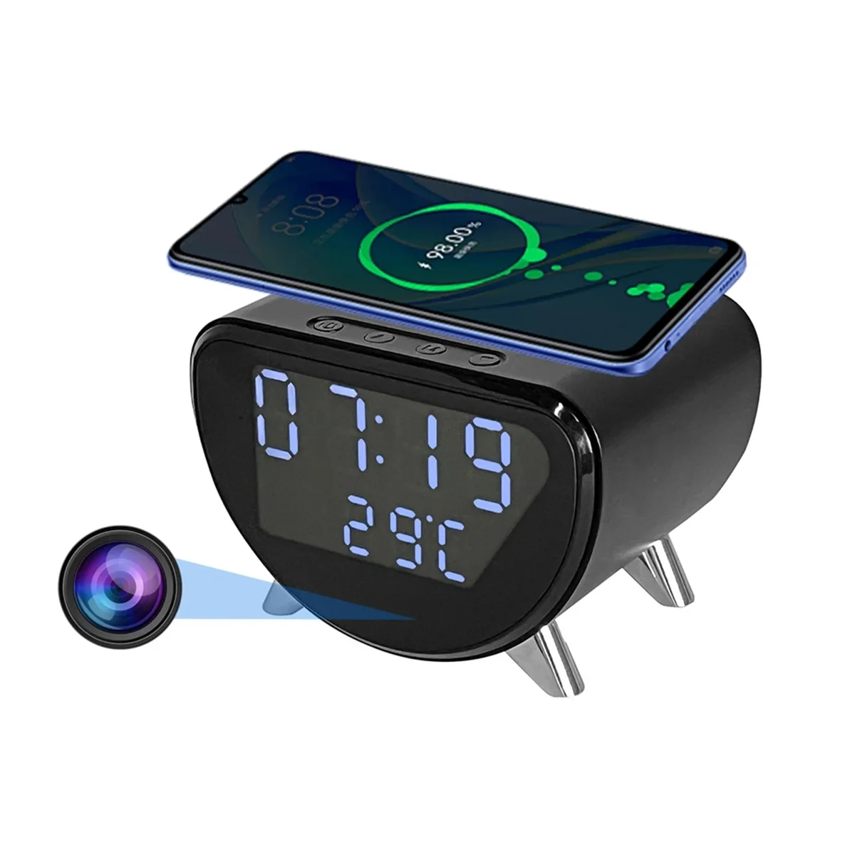 BABQ Reloj despertador multifuncional Reloj de temperatura Cargador inalámbrico LED Teléfono móvil Cargador inalámbrico tres en uno