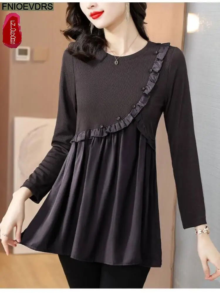 L-5XL Loose Clothes 2023 Women Autumn Elegant Ruffles Basic Shirts Retro Patchwork Black Tunic Peplum Tops And Blouses