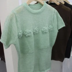 2024 New Style Thin Silk Low round Neck Breathable Retro Sweet 3D Flower Short Sleeve Knitted Pure Desire Wind Top Women's Fa...