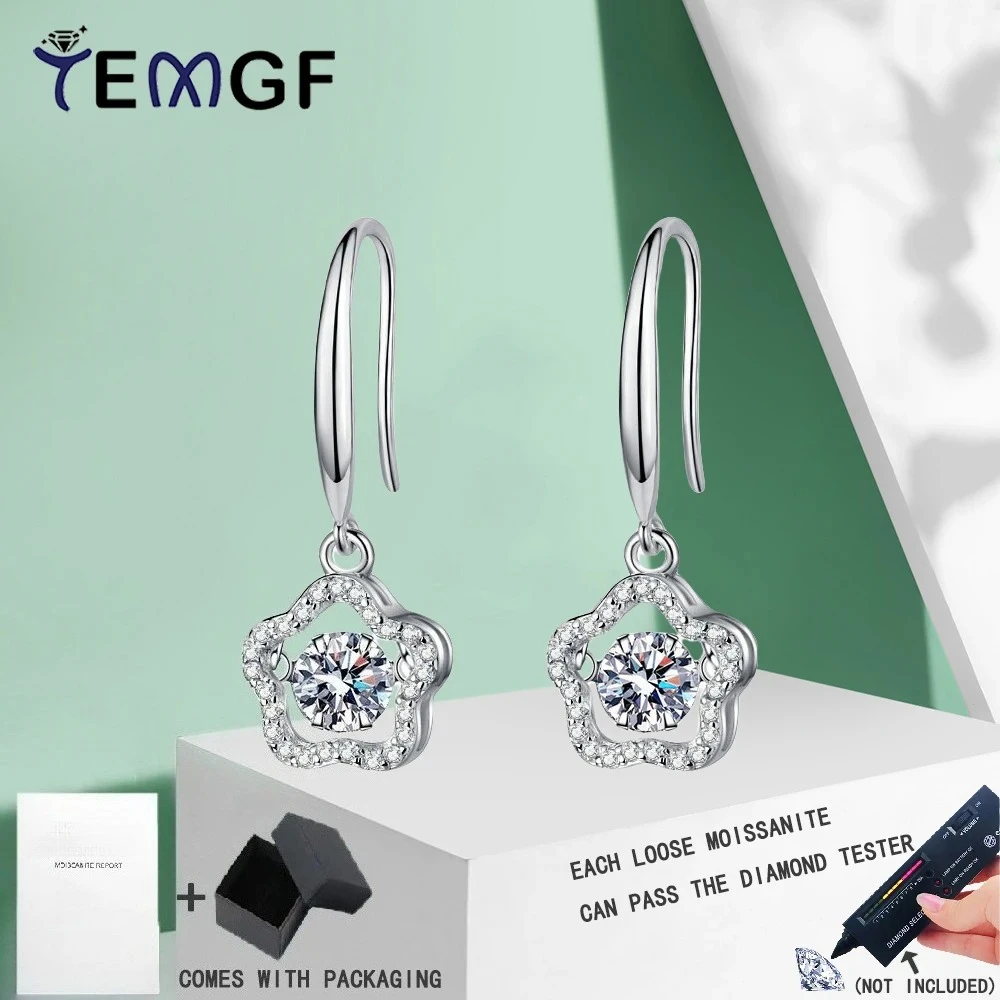 

TEMGF S925 Sterling Silver Drop Earrings for Women 5mm Moissanite/Zircon Plum Blossom Design Pendant Shiny Fine Jewelry 1CT/Pair