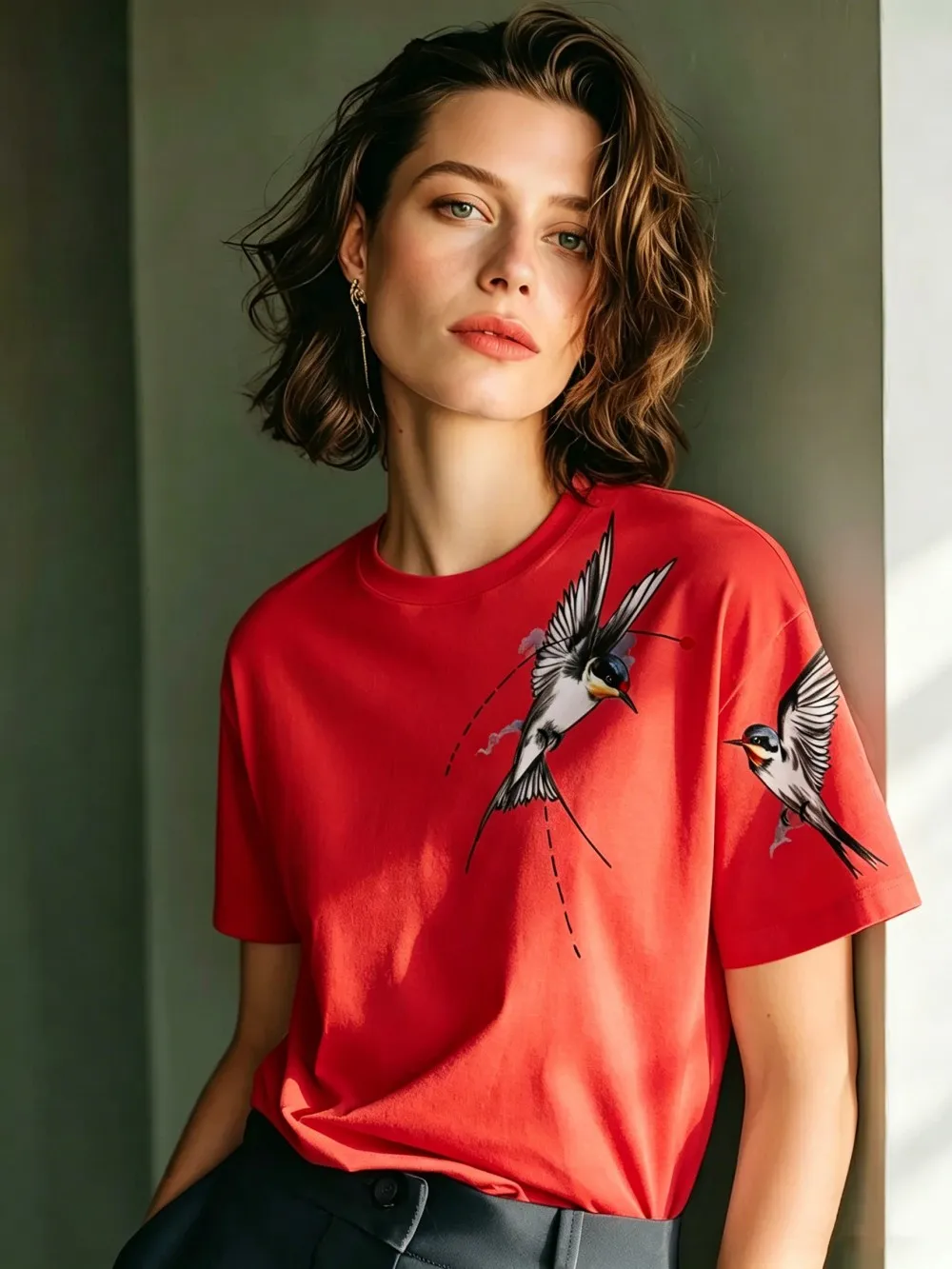 Flying Swallows Prints Baumwoll-T-Shirts für Damen, Sommer-Kurzarm-T-Shirts, O-Ausschnitt, weiche, übergroße Oberteile, einfache, bequeme Kleidung – Detail 21