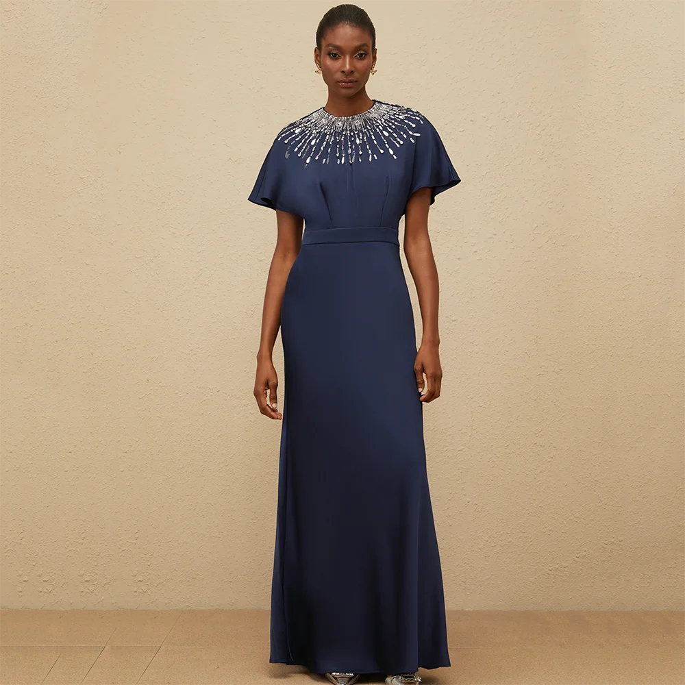 

Customized Short Sleeves Long Evening Dresses Elegant Formal Occasion Prom Gowns Crystal 2025 Ankle Length Prom Dresses