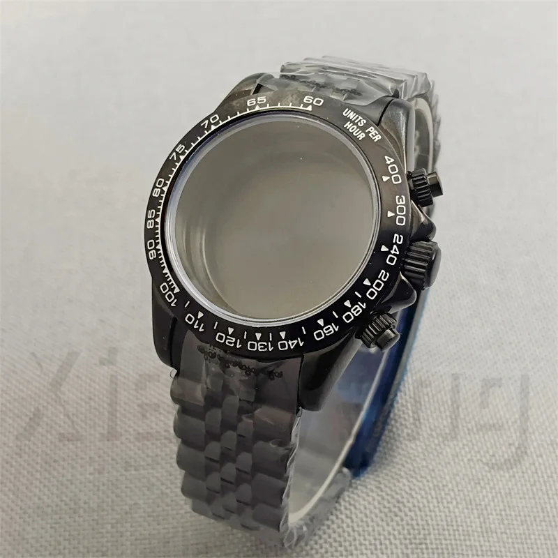 39mm Full Black VK63 Watch Case Stainless Steel Sapphire Crystal For VK63 VK64 Quarzt Movement Men\'s Watches Parts 20mm Bracelet