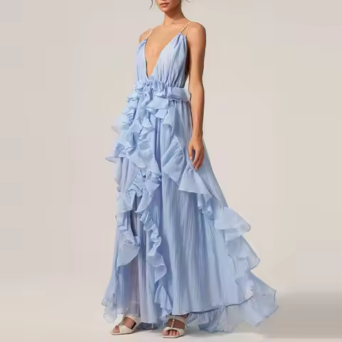 Lady Temperament Camisole Summer Long Dress Fashion Backless High Waist Bridesmaid Dress Deep V Ruffle Edge Design Evening Gown