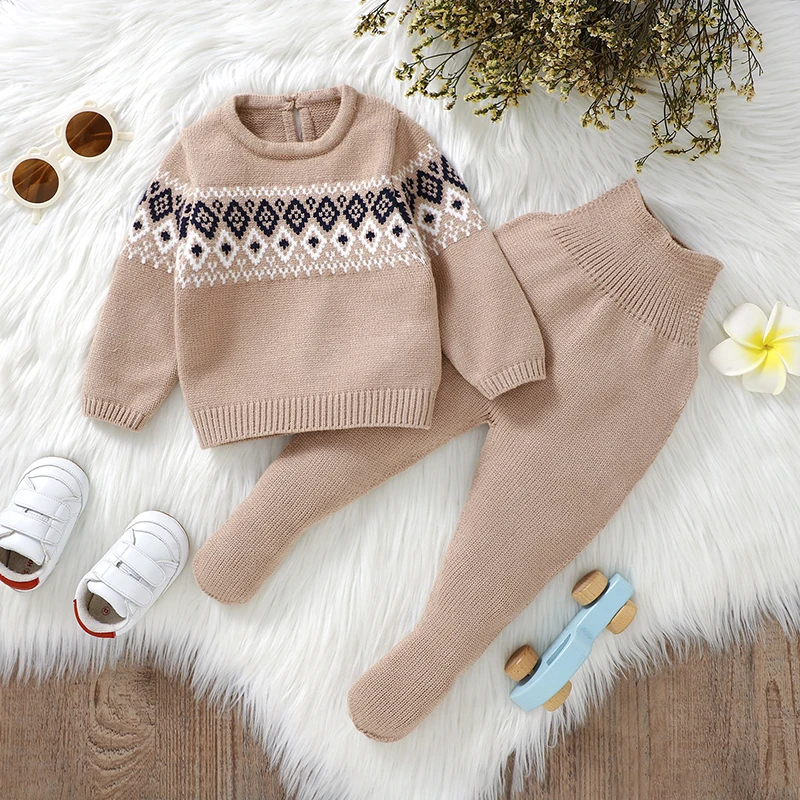 

2PCS Sets Autumn Winter Warm Knitted Newborn Boys Girls Crew Neck Long Sleeve Sweaters Jumpers + Pants Infant Knitwear 0-9M Wear