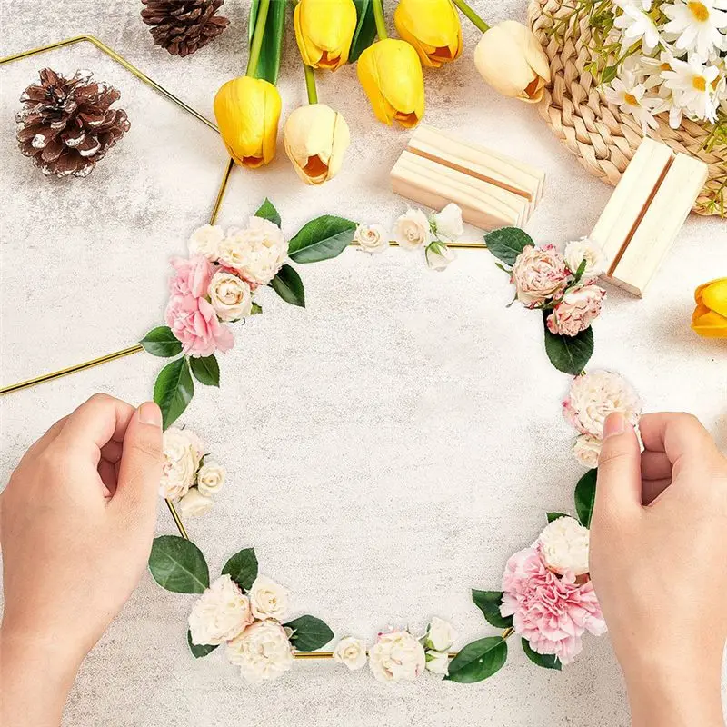 DT39 Hexagonal Hoop Centerpiece Set 10 Pack with Wood Place Card Holders Gold for Wedding Table Decor