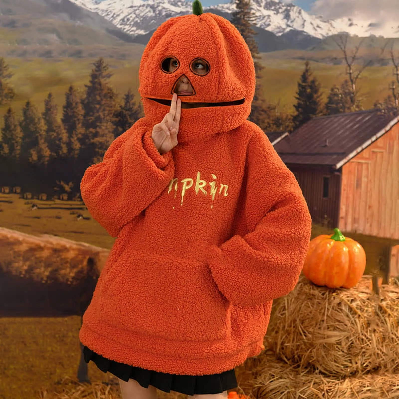 Y2k Oversized Hoodie Pumpkin Funny Cute Hoodie Clothing Lamb Plush Sweater Coat Hooded Cartoon Autumn and Winter Sweater Loose