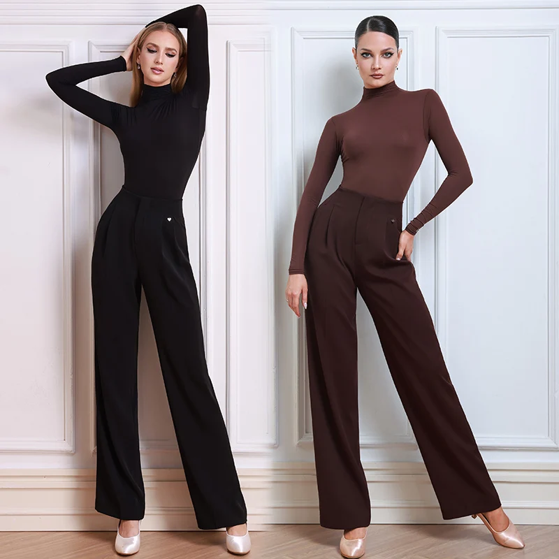 

Зимний костюм для бальных танцев для женщин, стандартный современный танцевальный наряд, черный топ с длинными рукавами, брюки для бальных танцев, коричневый 3094