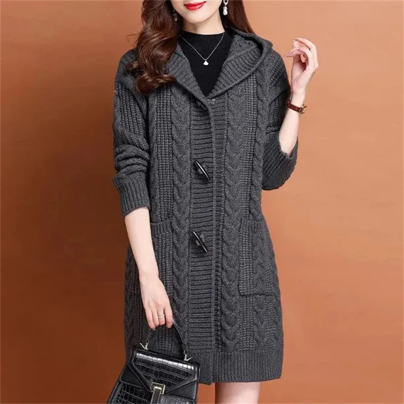 Autumn Winter Thick Sweater New Style Knitted Outerwear Women\'s Cardigan Medium Long Hooded  loose Cardigan Knit Sweater Coat