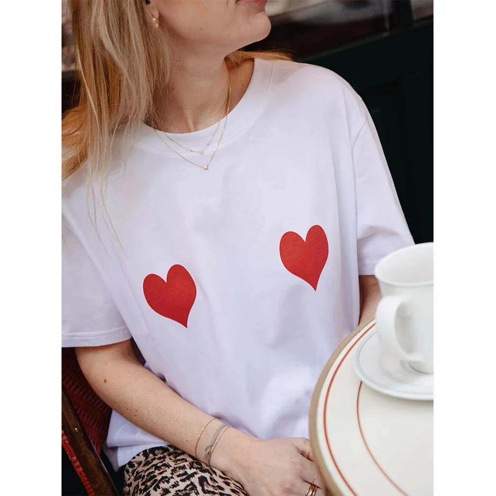 

Heart Shape Printing Female Elegant White T Shirts Summer Crewneck Loose Cotton Short Sleeve Tops Fashion Casual Tees