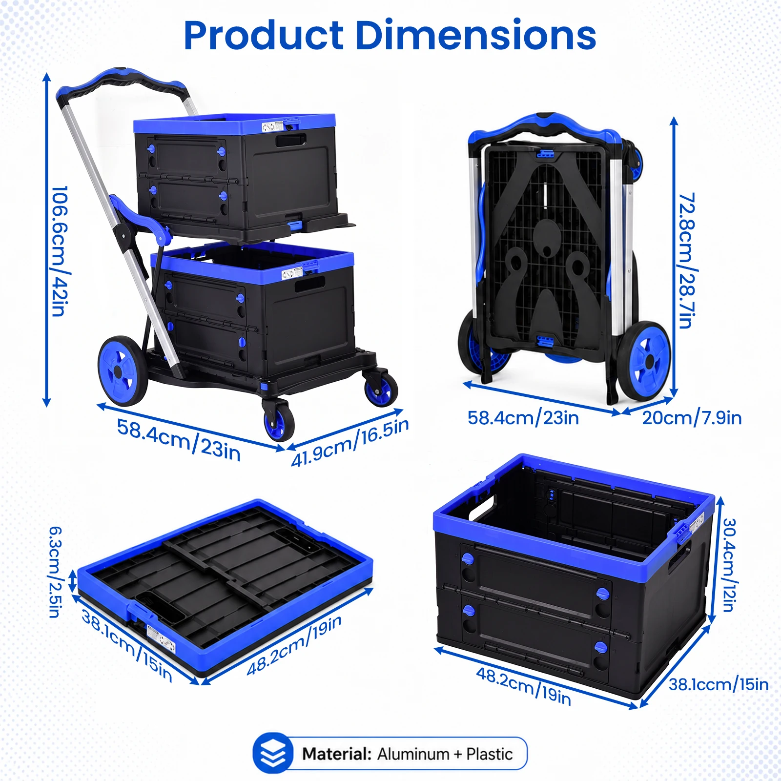 2-Tier Folding Utility Cart Heavy Duty Collapsible Shopping Trolley with 2 Storage Baskets, 200LBS Load Capacity and 360 Degree Lockable Swivel Casters for Grocery Warehouse Office Supermarket