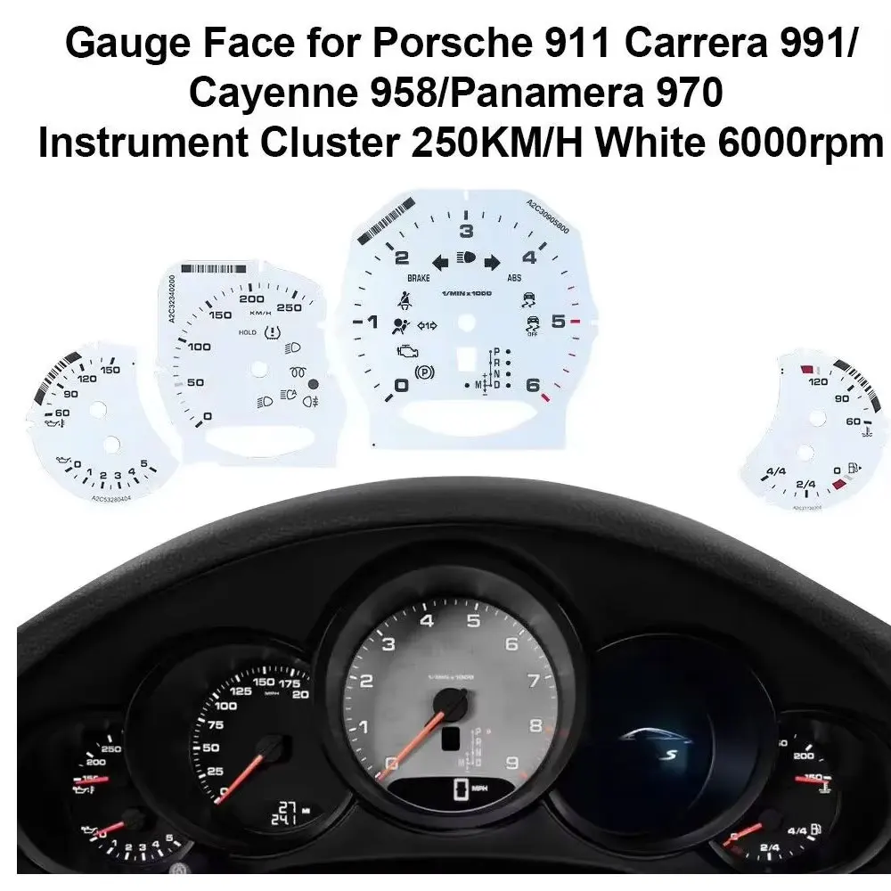 250KM/H 6000rpm  Gauge Face Overlay for Porsche 911 Carrera 991 Cayenne 958 White And Red Color