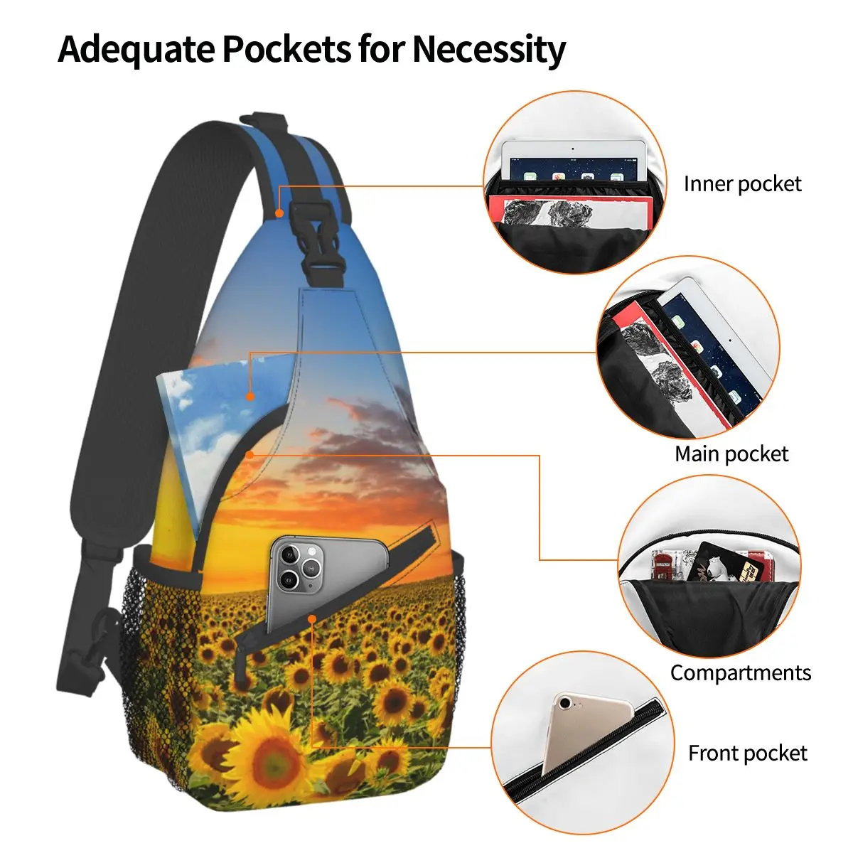 Feld der blühenden Sonnenblumen Schulter taschen Brust Cross body Schulter gurt Rucksack Outdoor Sport Tages rucksäcke Sonnen untergang Männer Frauen Pack