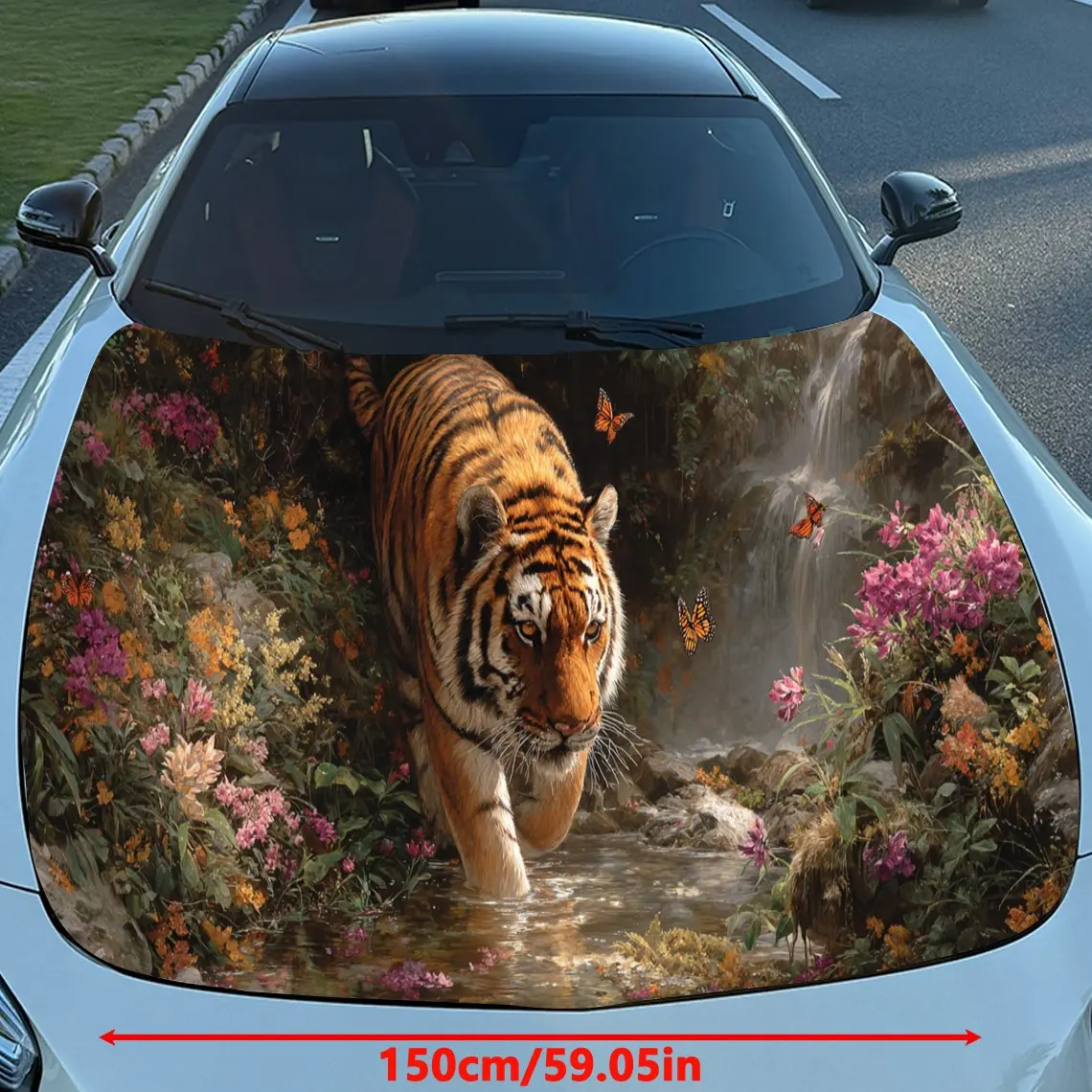 Magical Floral Tiger and Stream Auto Cover Sticker, Waterproof and Self-adhesive Auto Hood Decal, Auto Vinyl Wraps, Cool Car Ext