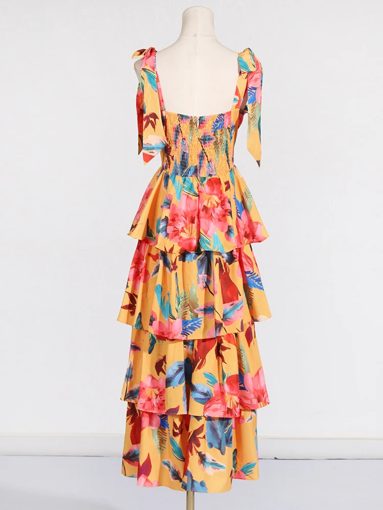 VGH Spliced Lace Up Printing Casual Dresses For Women Square Collar Sleeveless High Waist Backless Colorblock Dress Female New