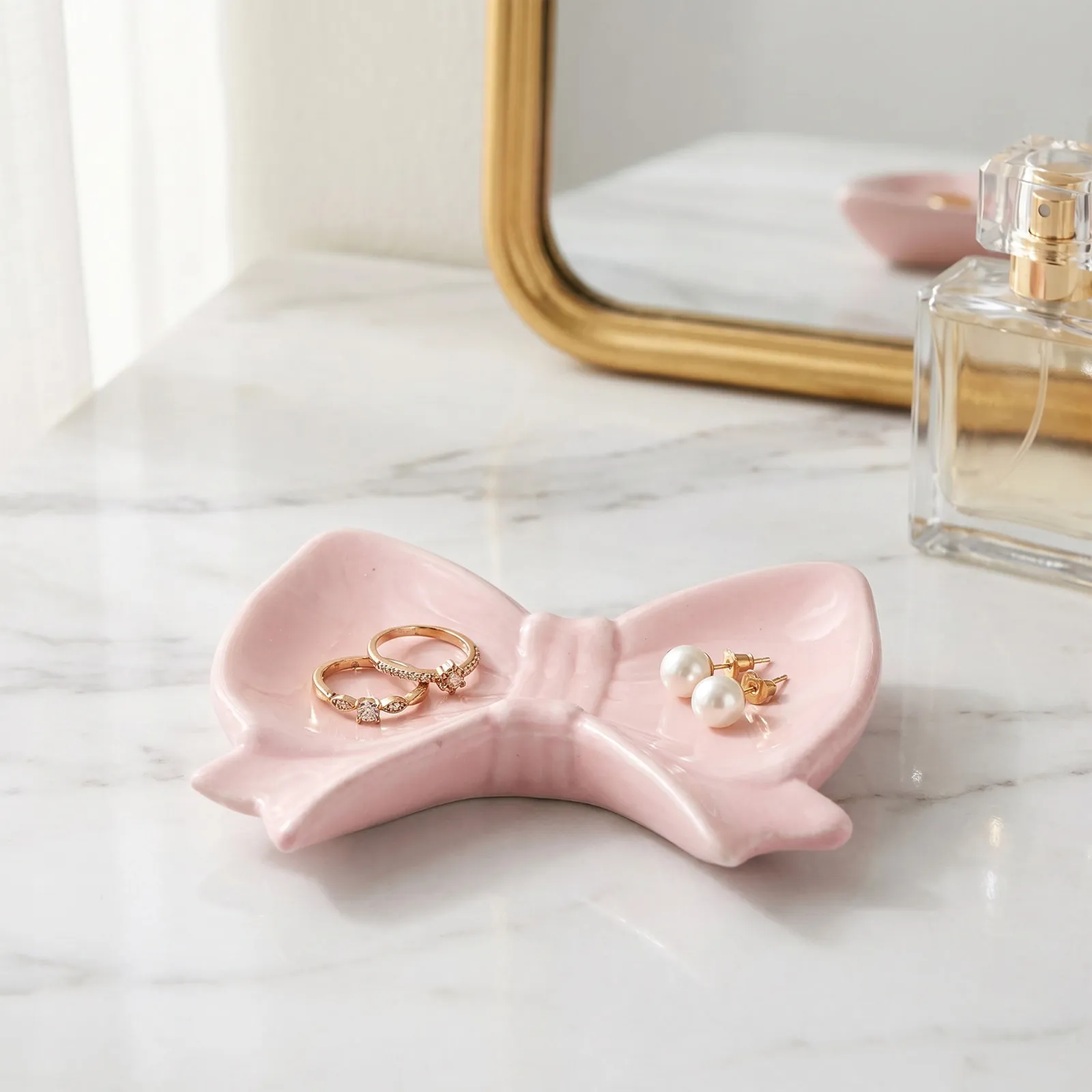 Ceramic Bow Jewelry Tray Pink Decorative Ring Dish Earring Holder Vanity Jewelry Organizer Storage 4.7x4.4x1.2 Inch