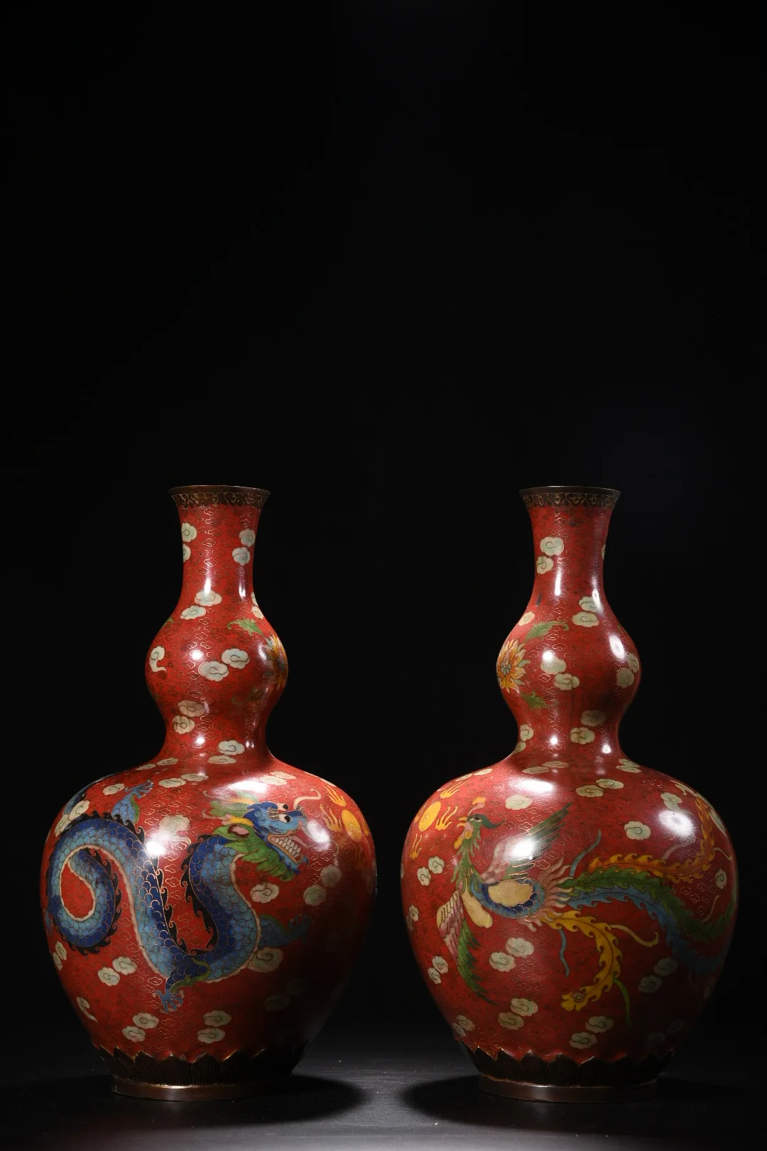 

16"Tibetan Temple Collection Old Bronze Cloisonne Enamel Gourd Shaped Bottle Vase A Pair Gather fortune Town house