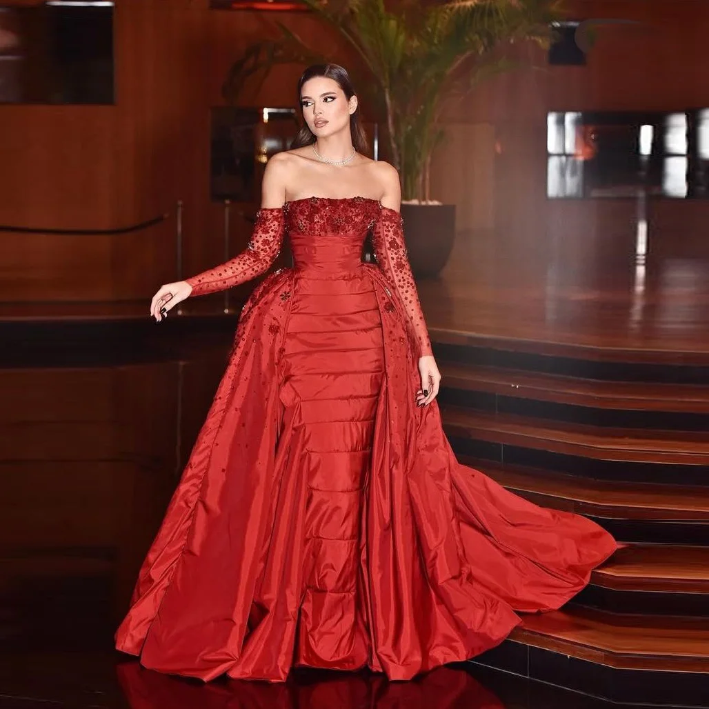 Vestidos de fiesta árabes con mangas, sobrefalda larga con cuentas, vestidos de fiesta fruncidos, adornos con hombros descubiertos, vestido Maxi hecho a medida