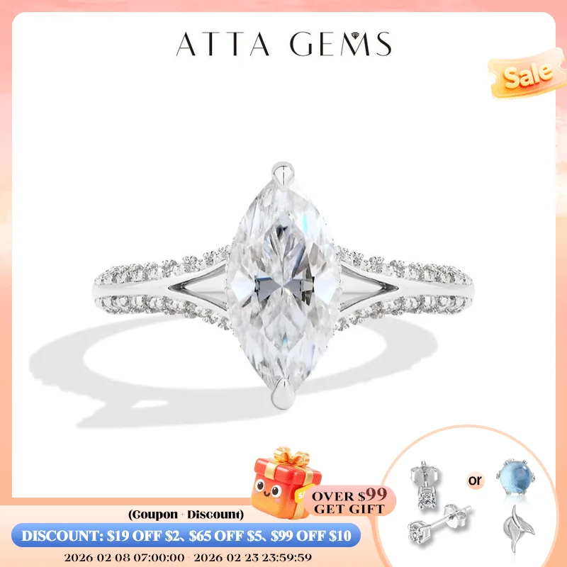 

ATTAGEMS Exquisite Marquise Cut 2CT Moissanite Rings 925 Silver 18K Gold Plated Wedding Engagement Ring for Women Luxury Jewelry