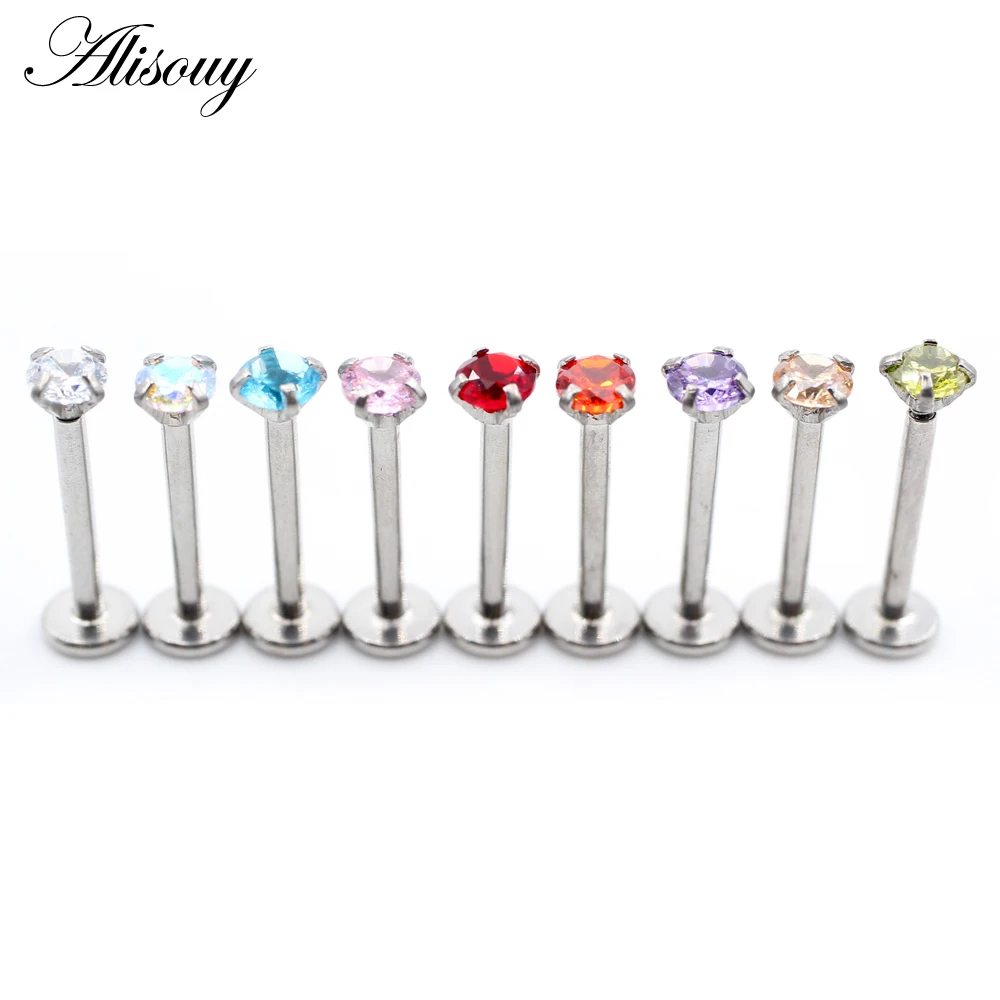 Alisouy 1PC Stainless Steel Internally Threaded Round Zircon Lip Labret Rings Ear Tragus Cartilage Helix Piercing Body Jewelry