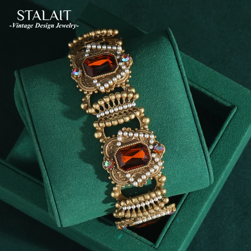 

Vintage Rhinestones Red Crystal Bracelet For Woman Jewelry Gold Color Crown Luxury Accessories Antique Valentine Day Gift 2025
