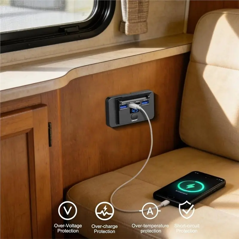 New-Dual PD And QC3.0 12V USB Outlet Surface Mount 4 Port With Voltmeter, 2 Pack Car USB Charging Sockets Charger