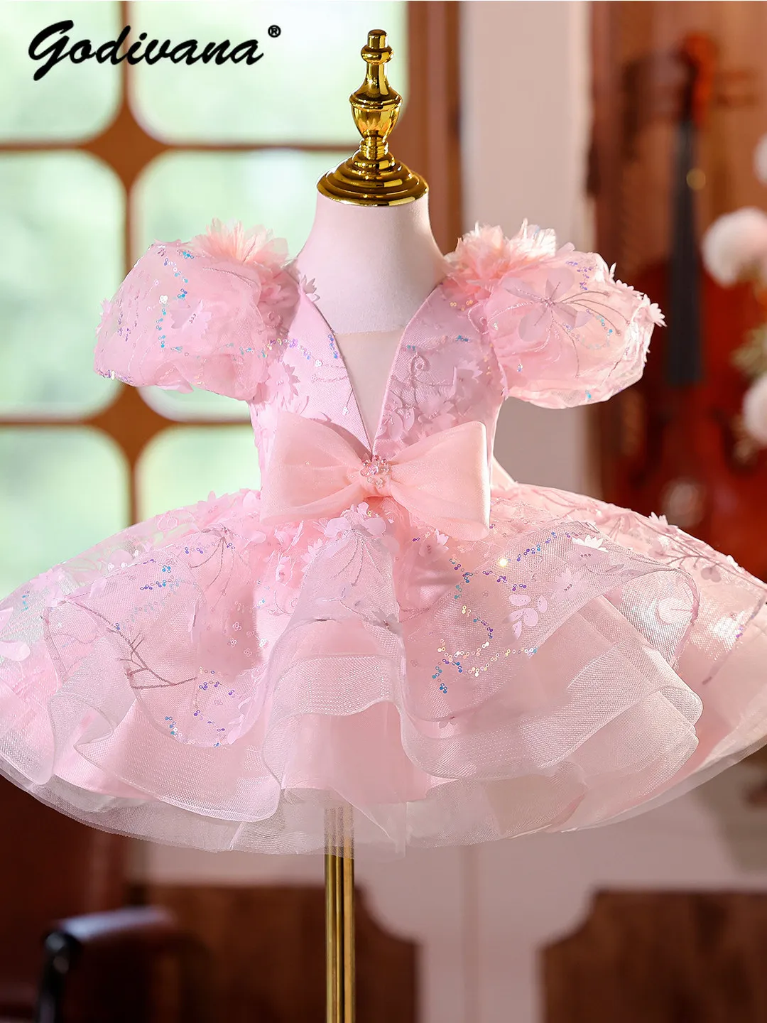 Baby Girls Pink High End Luxury Birthday Party Princess Dress Kids Heavy 3D Floral Embroidery Puff Sleeve V-neck Mesh Ball Gown