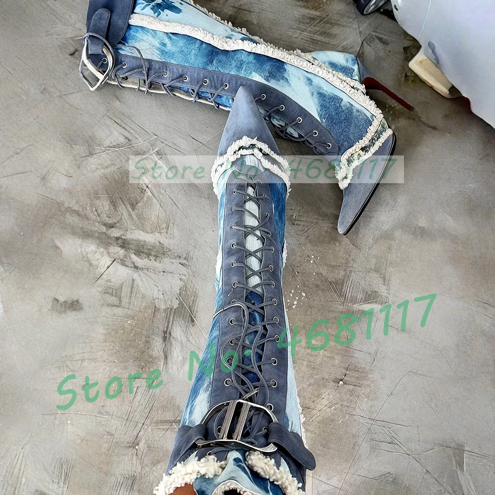 

Blue Tie Dye Knee High Lace Up Boots Women Sexy Shearling Trim Pointed Toe High Heels Metal Buckle Decor Bleached Effect Shoes