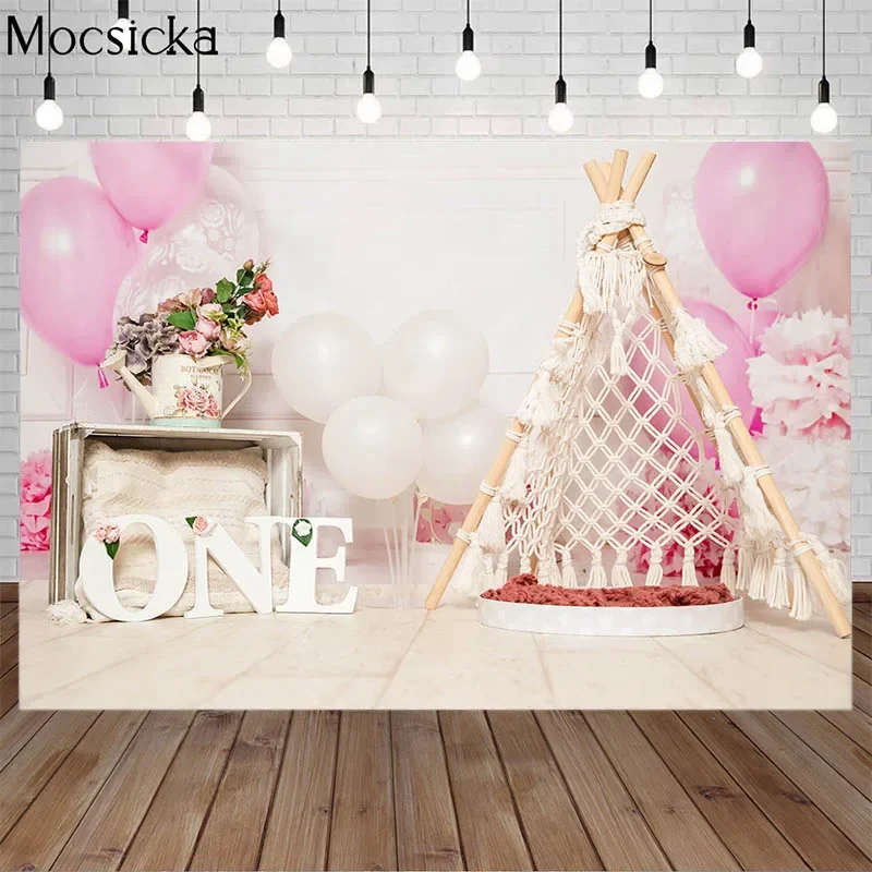 

Mocsicka Photography Background Bohemian Tent Balloon Kids Girl 1st Birthday Cake Smash Backdrops Photography Props Photo Studio