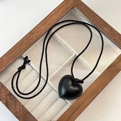 Vintage Black Leather Love Heart Pendant Necklace for Women Girl Jewelry Gifts