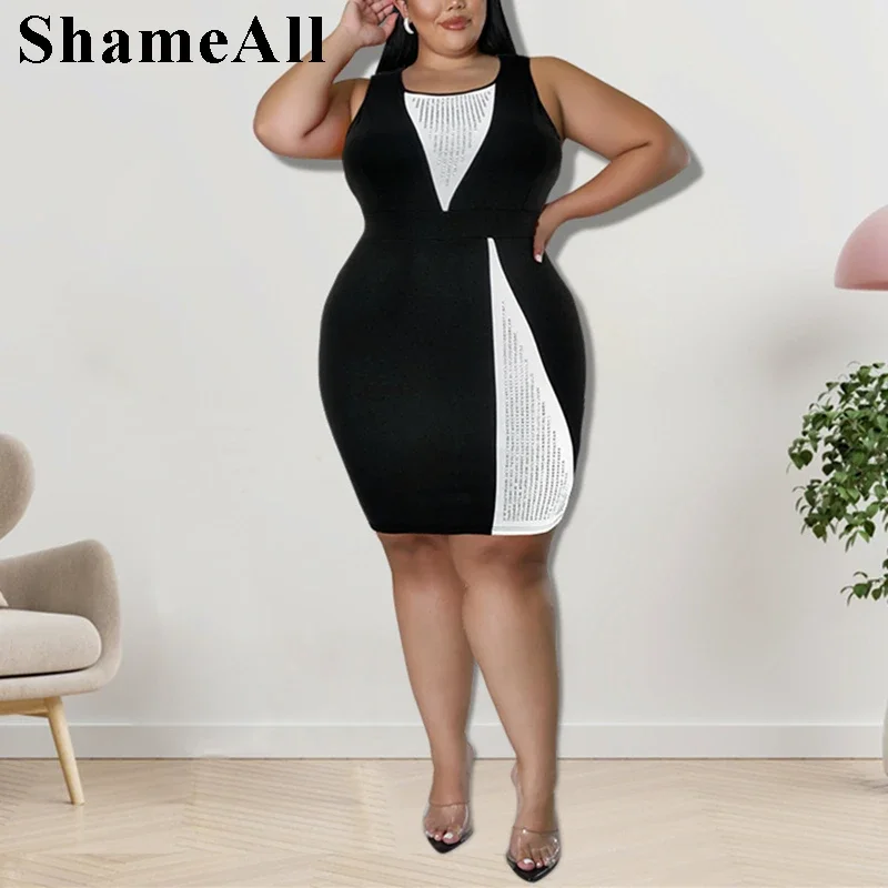 حجم كبير الترتر المرقعة بلا أكمام Bodycon طول الركبة فستان 4xl الصيف اللون حجب الأخضر نادي ملابس الحفلات فستان ميدي