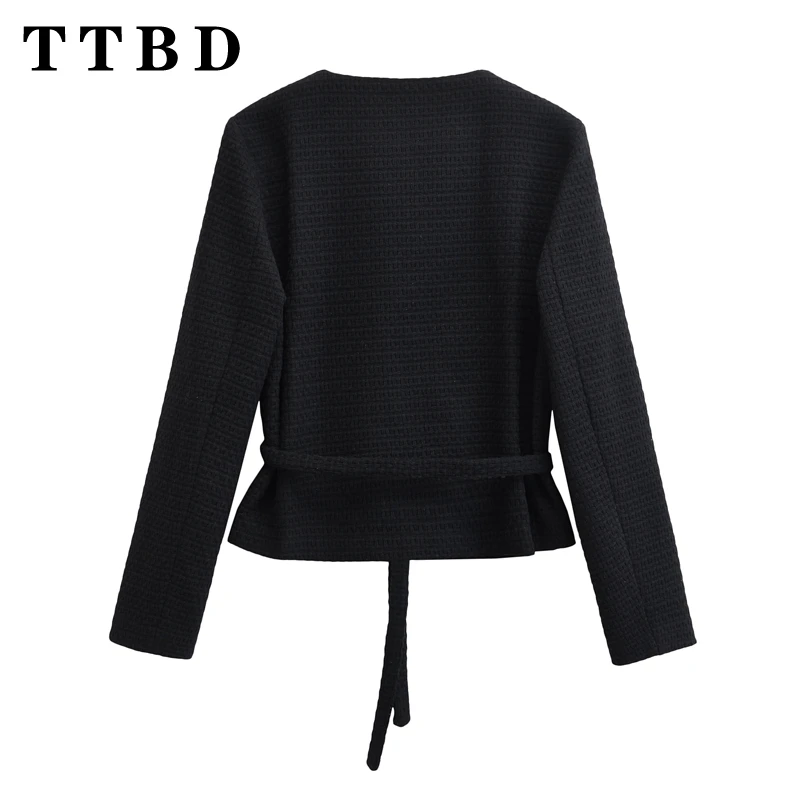 TTBD 2024 New Woman's Autumn Chic Long Sleeve Knitted Coat Female Vintage O-Collar Black Cardigan Lace Gold Button Jacket Top