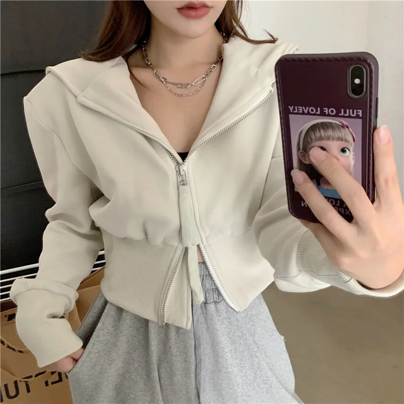 Gidyq Harajuku Streetwear Sweatshirt Women Fashion Double Zip Loose Hoodies Autumn Casual Female All Match Cropped Coats New