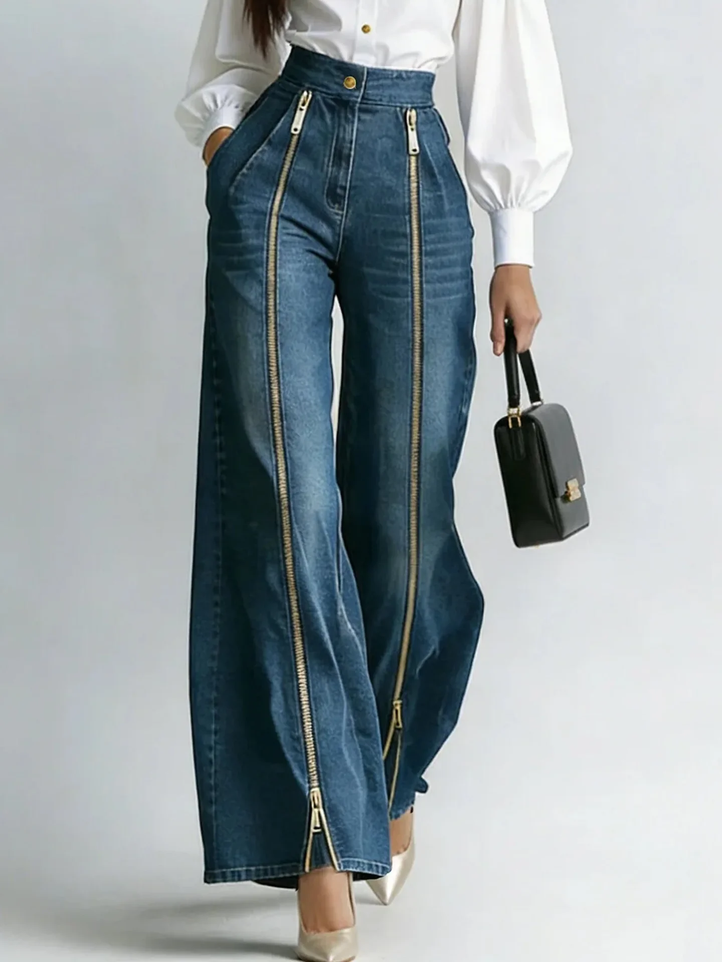 Women's High Waisted INS Style Gold Zipper Wide Leg Straight Tube Fashionable Casual Loose Slanted Pocket Denim Pants