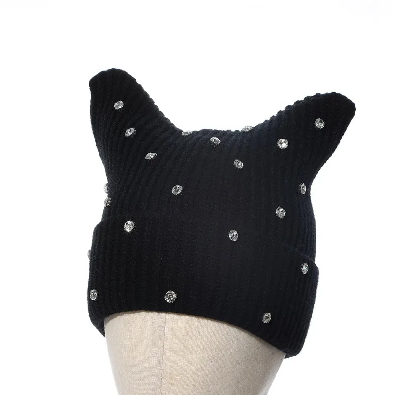 Japanische Großkopf-Strickmütze mit gestreiften Strass-Katzenohren, warme Pullover-Beanie-Mütze für Herbst und Winter, für Männer und Frauen – Detail 4